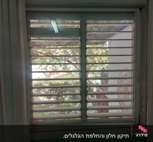 חלון עם תריסים וילון ועץ בחוץ